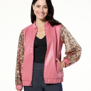 New Colleen Lopez Sequin Bomber Jacket Faux Leather Large Sequins QVC Designer
